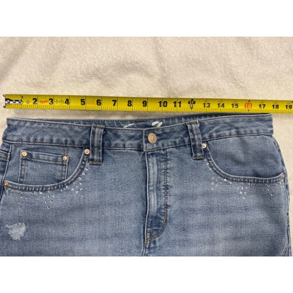 Seven7 Womens Blue Denim Mini Skirt Rhinestone Distressed Raw Hem Size 12 - Picture 6 of 9